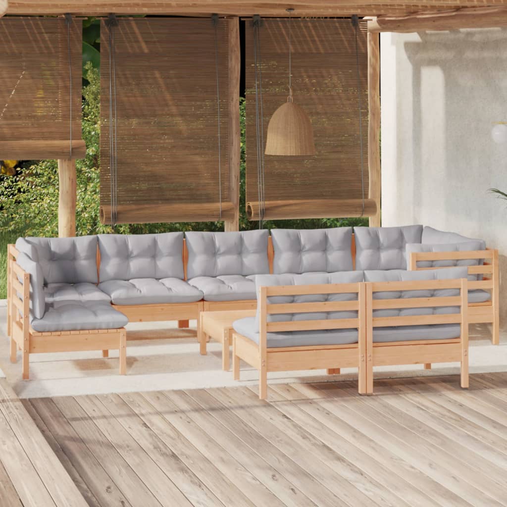 vidaXL 9-tlg. Garten-Lounge-Set mit Grauen Kissen Kiefer Massivholz