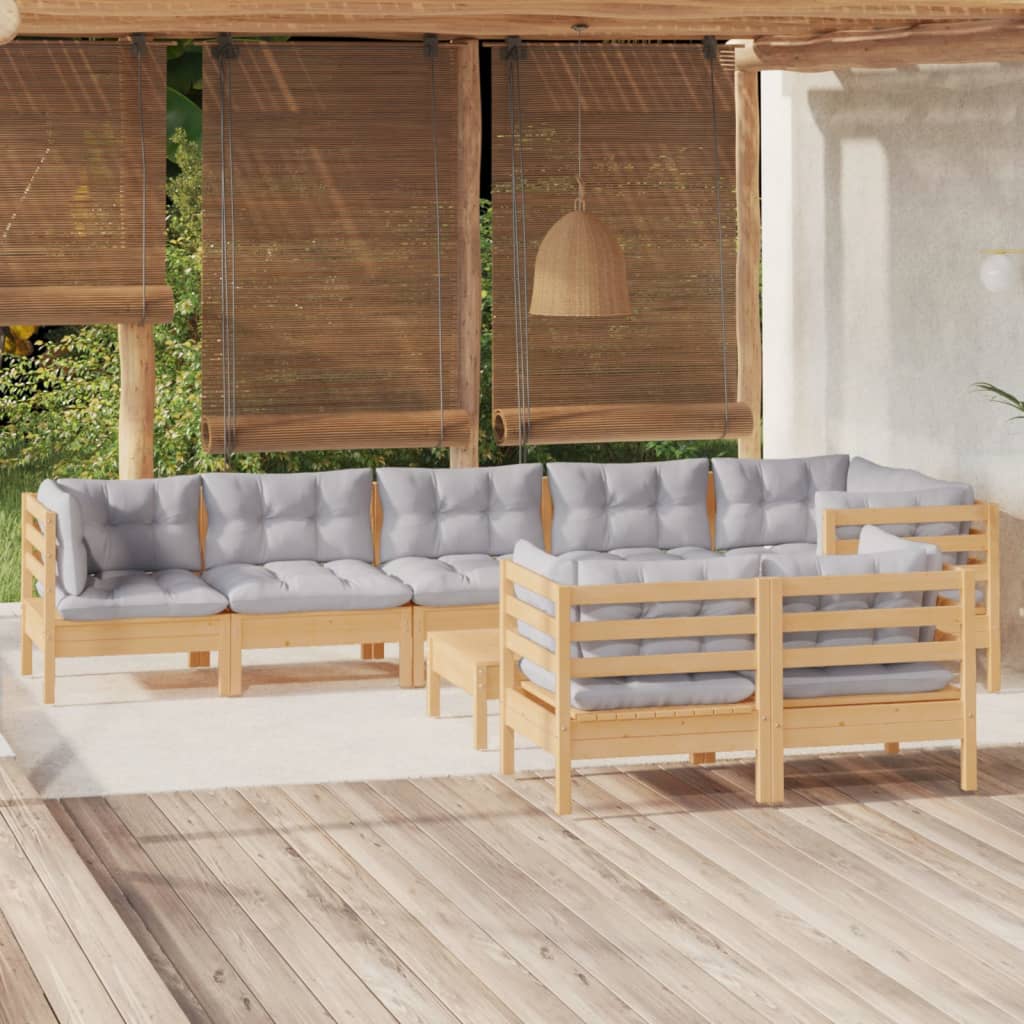 vidaXL 9-tlg. Garten-Lounge-Set mit Grauen Kissen Kiefer Massivholz