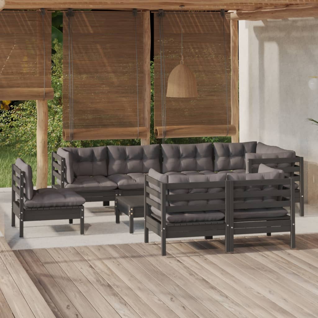 vidaXL 9-tlg. Garten-Lounge-Set mit Grauen Kissen Kiefer Massivholz