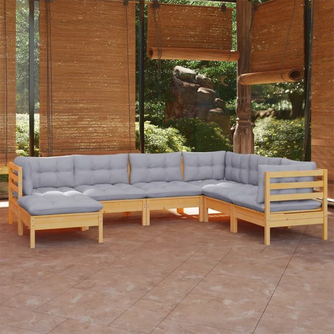 vidaXL 7-tlg. Garten-Lounge-Set mit Grauen Kissen Kiefer Massivholz