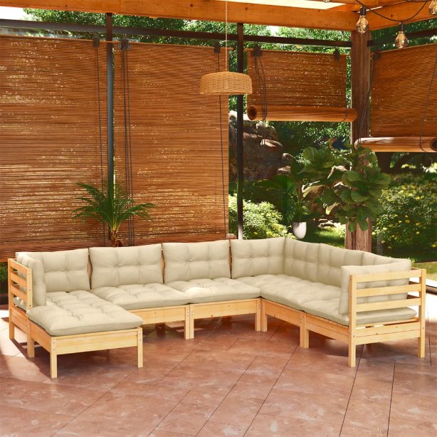 vidaXL 7-tlg. Garten-Lounge-Set mit Grauen Kissen Kiefer Massivholz