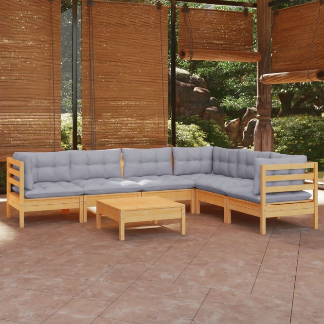 vidaXL 7-tlg. Garten-Lounge-Set mit Grauen Kissen Kiefer Massivholz