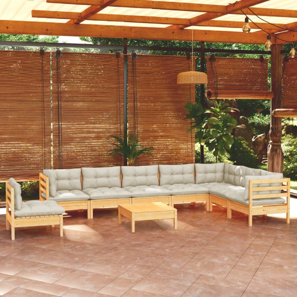 vidaXL 9-tlg. Garten-Lounge-Set mit Grauen Kissen Kiefer Massivholz