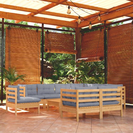 vidaXL 10-tlg. Garten-Lounge-Set mit Grauen Kissen Kiefer Massivholz