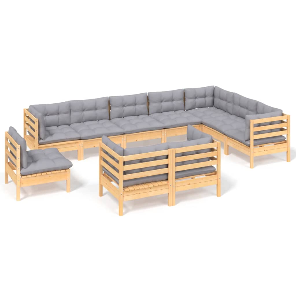 vidaXL 10-tlg. Garten-Lounge-Set mit Grauen Kissen Kiefer Massivholz