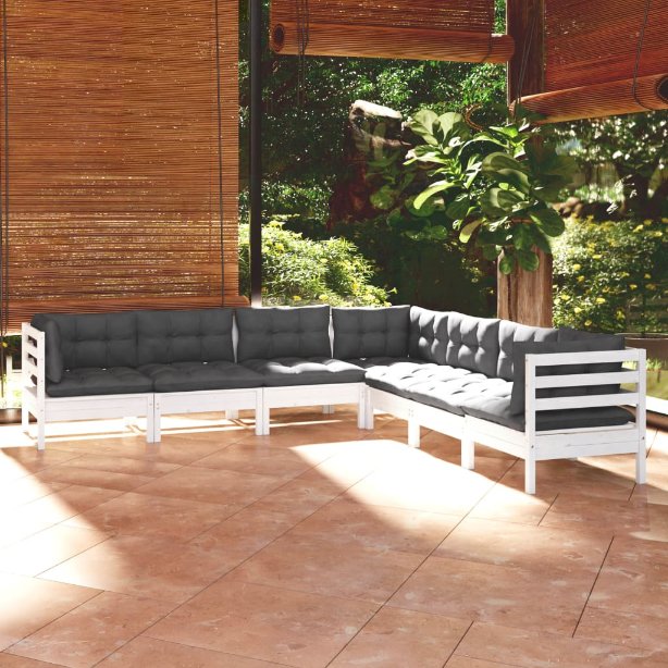 vidaXL 7-tlg. Garten-Lounge-Set mit Grauen Kissen Kiefer Massivholz