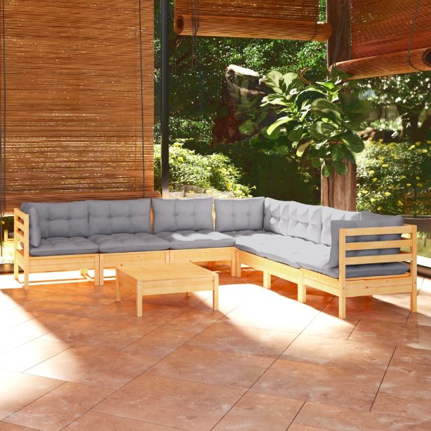 vidaXL 8-tlg. Garten-Lounge-Set mit Grauen Kissen Kiefer Massivholz