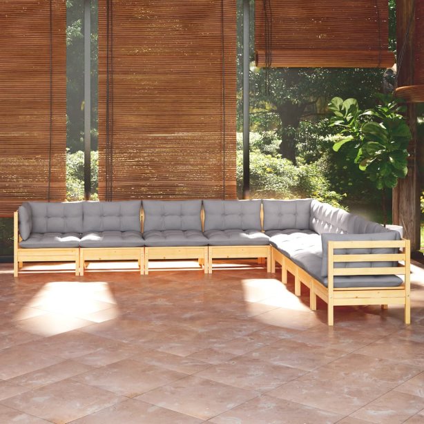 vidaXL 9-tlg. Garten-Lounge-Set mit Grauen Kissen Kiefer Massivholz