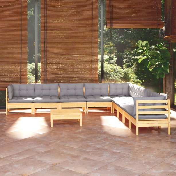 vidaXL 10-tlg. Garten-Lounge-Set mit Grauen Kissen Kiefer Massivholz