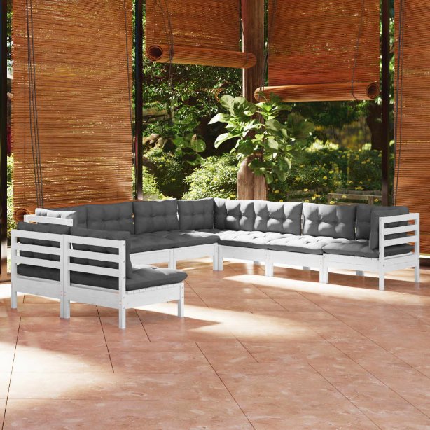 vidaXL 9-tlg. Garten-Lounge-Set mit Grauen Kissen Massivholz Kiefer