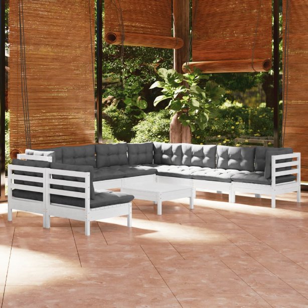 vidaXL 10-tlg. Garten-Lounge-Set mit Grauen Kissen Massivholz Kiefer