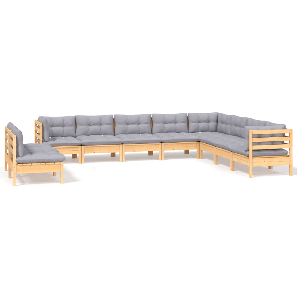 vidaXL 10-tlg. Garten-Lounge-Set mit Grauen Kissen Massivholz Kiefer