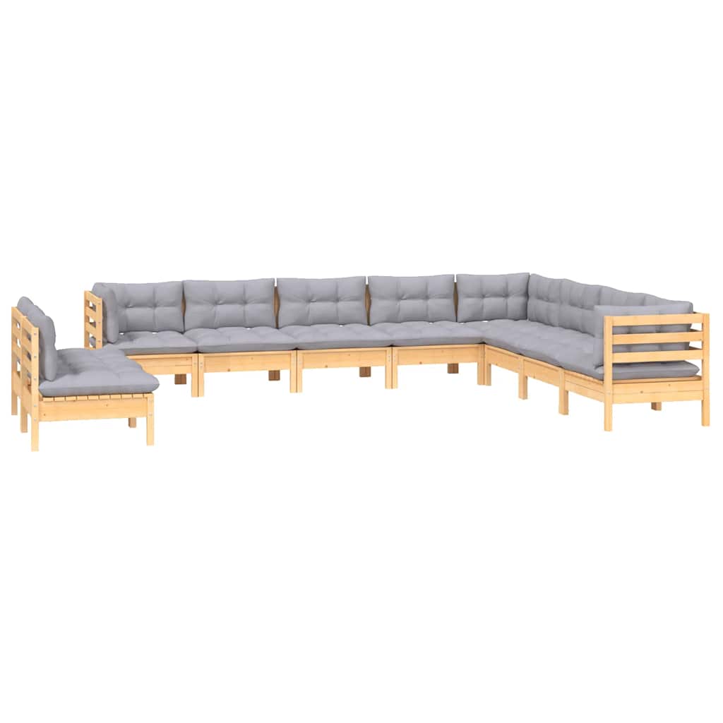 vidaXL 10-tlg. Garten-Lounge-Set mit Grauen Kissen Massivholz Kiefer
