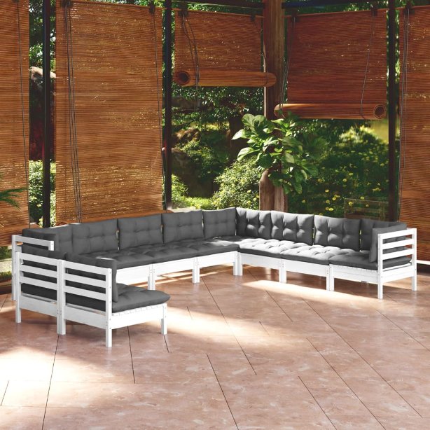 vidaXL 10-tlg. Garten-Lounge-Set mit Grauen Kissen Massivholz Kiefer