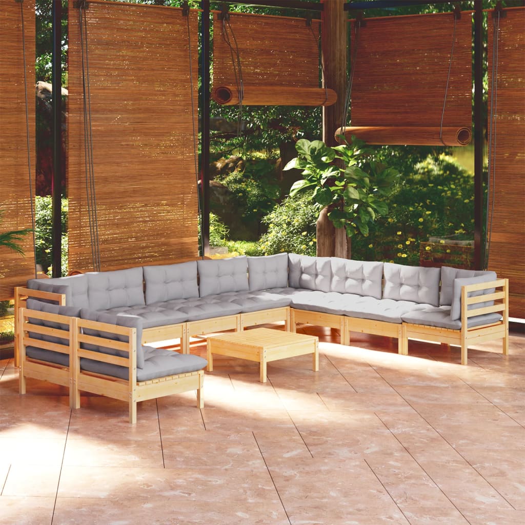 vidaXL 11-tlg. Garten-Lounge-Set mit Grauen Kissen Massivholz Kiefer