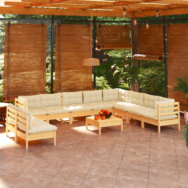 vidaXL 11-tlg. Garten-Lounge-Set mit Grauen Kissen Massivholz Kiefer
