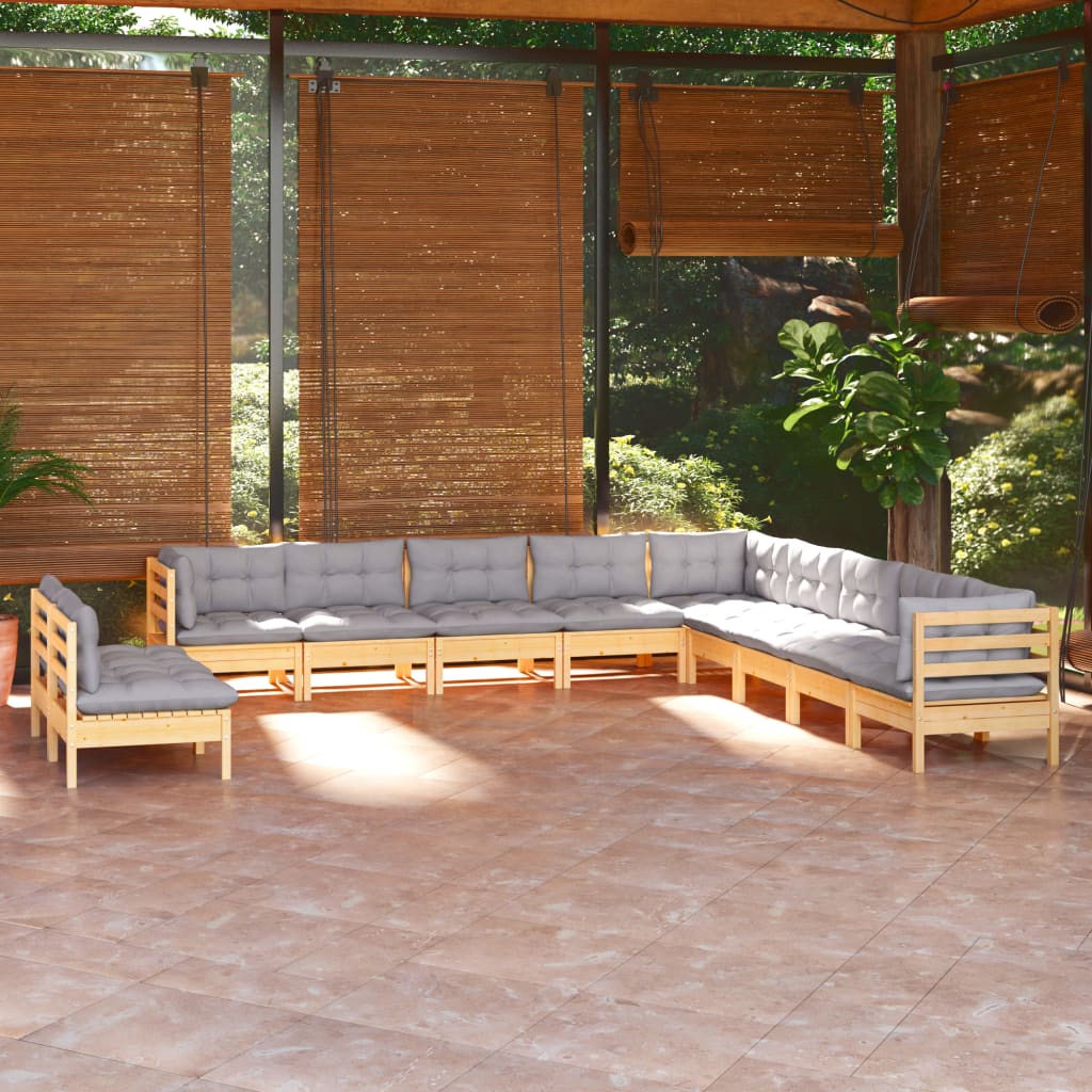 vidaXL 11-tlg. Garten-Lounge-Set mit Grauen Kissen Massivholz Kiefer