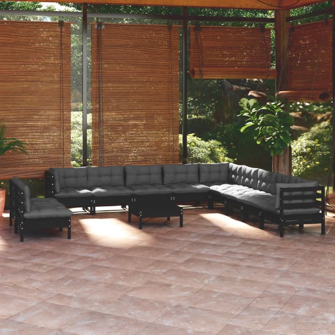 vidaXL 12-tlg. Garten-Lounge-Set mit Grauen Kissen Massivholz Kiefer