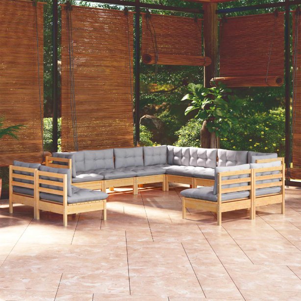 vidaXL 11-tlg. Garten-Lounge-Set mit Grauen Kissen Massivholz Kiefer