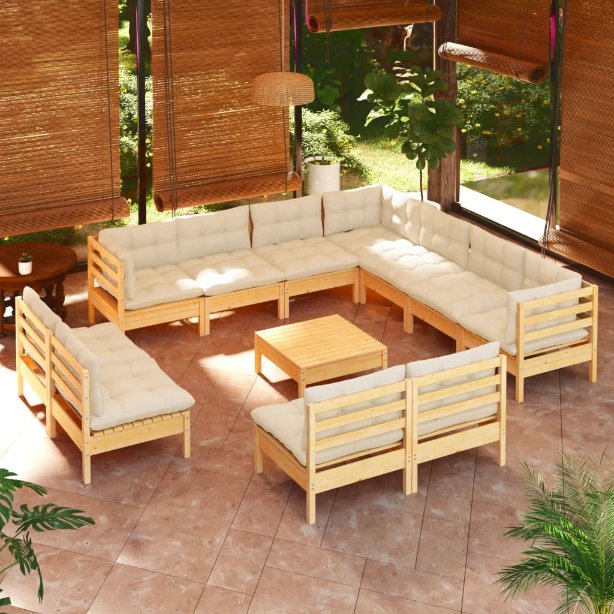 vidaXL 12-tlg. Garten-Lounge-Set mit Grauen Kissen Massivholz Kiefer