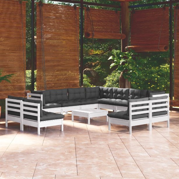 vidaXL 12-tlg. Garten-Lounge-Set mit Grauen Kissen Massivholz Kiefer