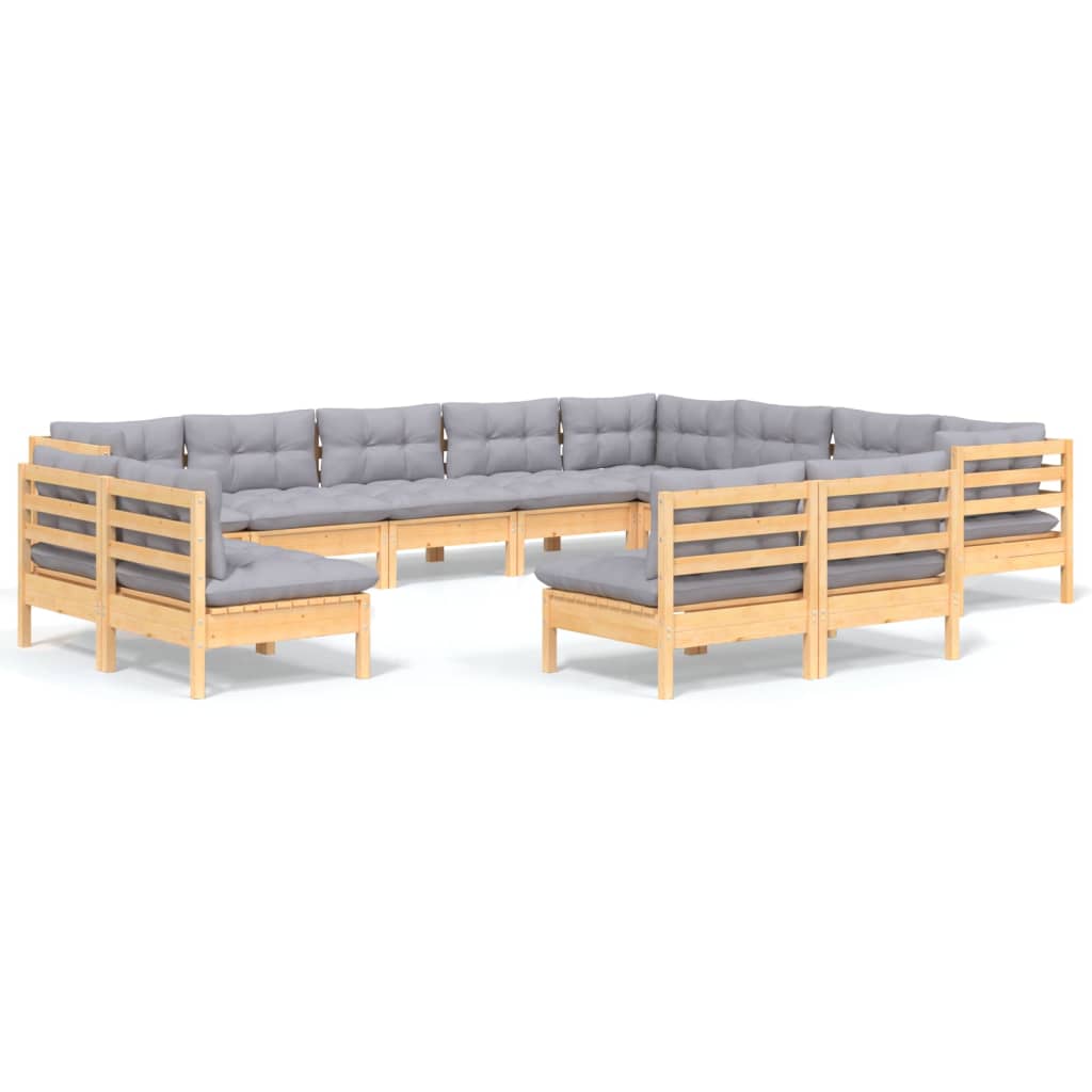 vidaXL 12-tlg. Garten-Lounge-Set mit Grauen Kissen Massivholz Kiefer