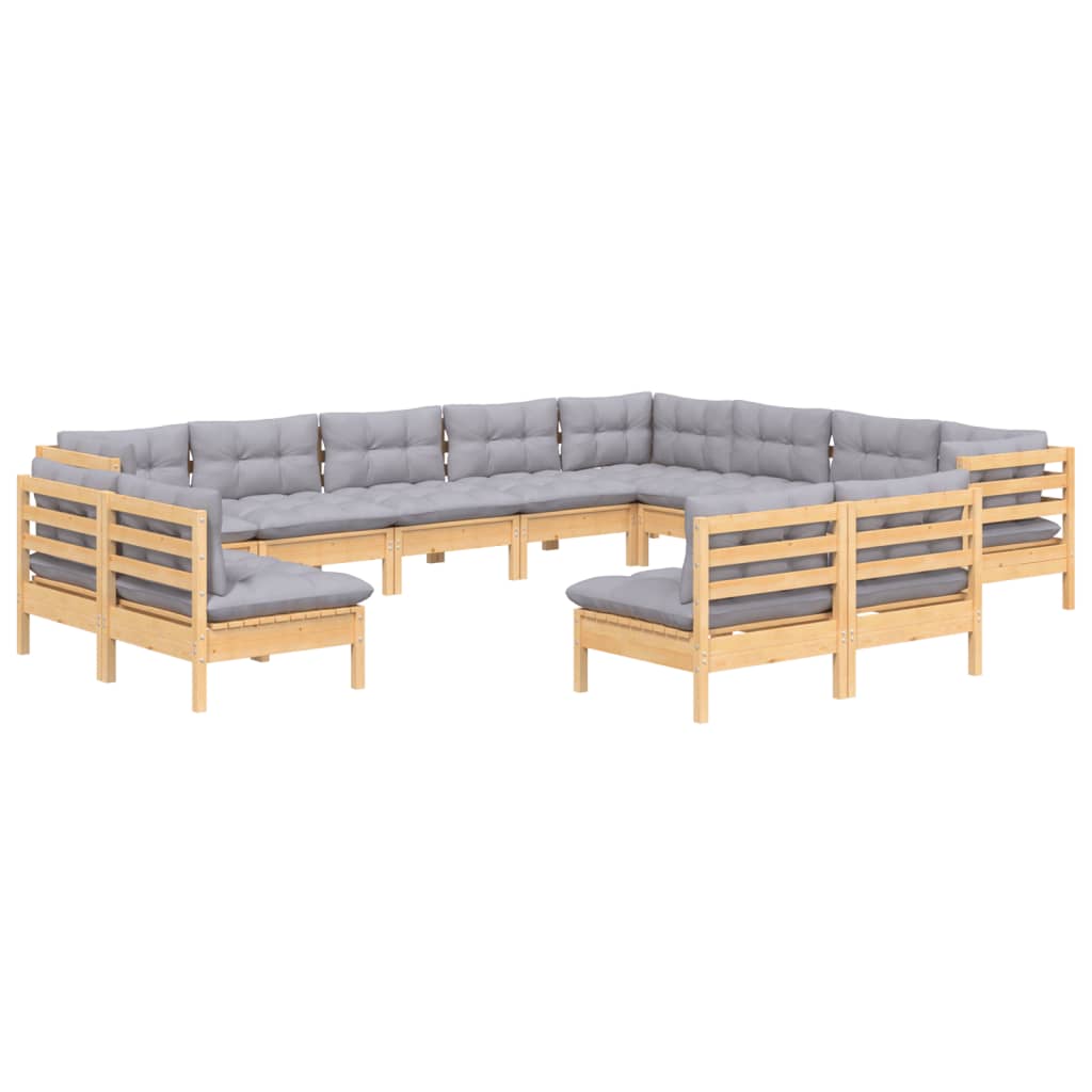 vidaXL 12-tlg. Garten-Lounge-Set mit Grauen Kissen Massivholz Kiefer