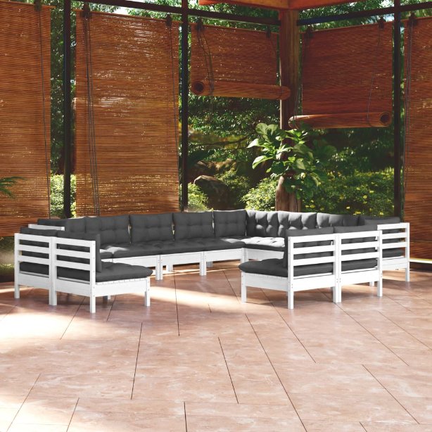vidaXL 12-tlg. Garten-Lounge-Set mit Grauen Kissen Massivholz Kiefer