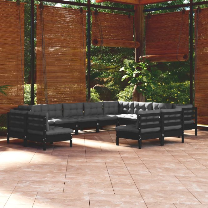 vidaXL 12-tlg. Garten-Lounge-Set mit Grauen Kissen Massivholz Kiefer