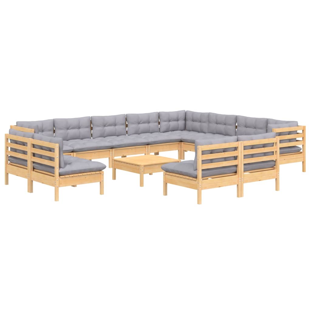 vidaXL 13-tlg. Garten-Lounge-Set mit Grauen Kissen Massivholz Kiefer