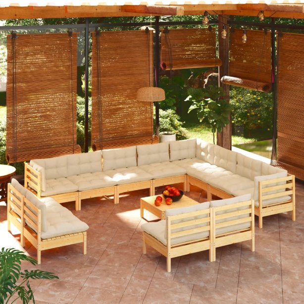 vidaXL 13-tlg. Garten-Lounge-Set mit Grauen Kissen Massivholz Kiefer