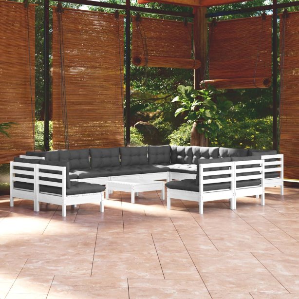 vidaXL 13-tlg. Garten-Lounge-Set mit Grauen Kissen Massivholz Kiefer
