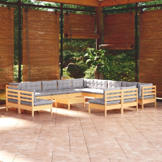 vidaXL 14-tlg. Garten-Lounge-Set mit Grauen Kissen Massivholz Kiefer