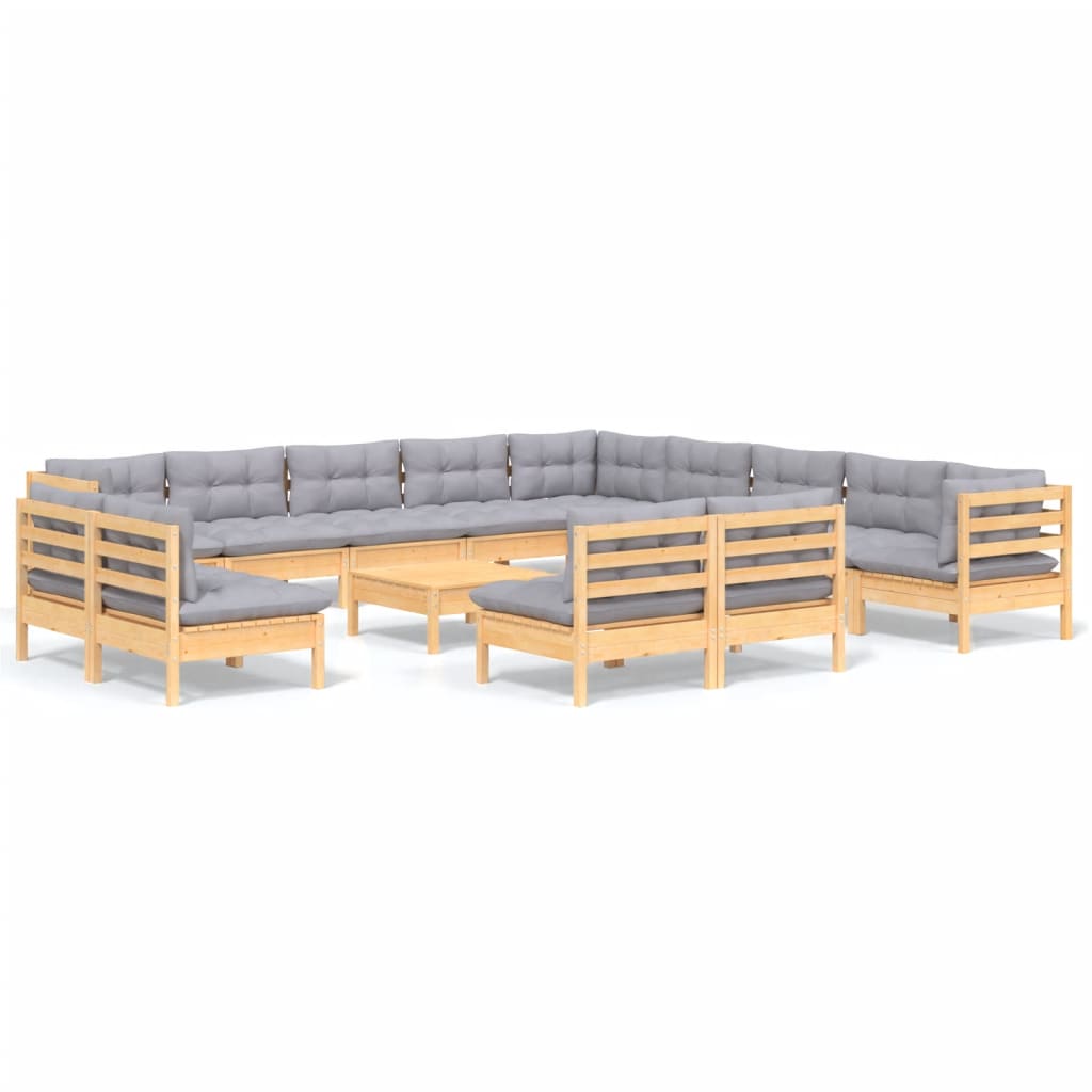 vidaXL 14-tlg. Garten-Lounge-Set mit Grauen Kissen Massivholz Kiefer