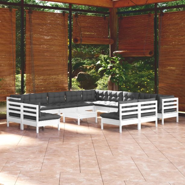 vidaXL 14-tlg. Garten-Lounge-Set mit Grauen Kissen Massivholz Kiefer