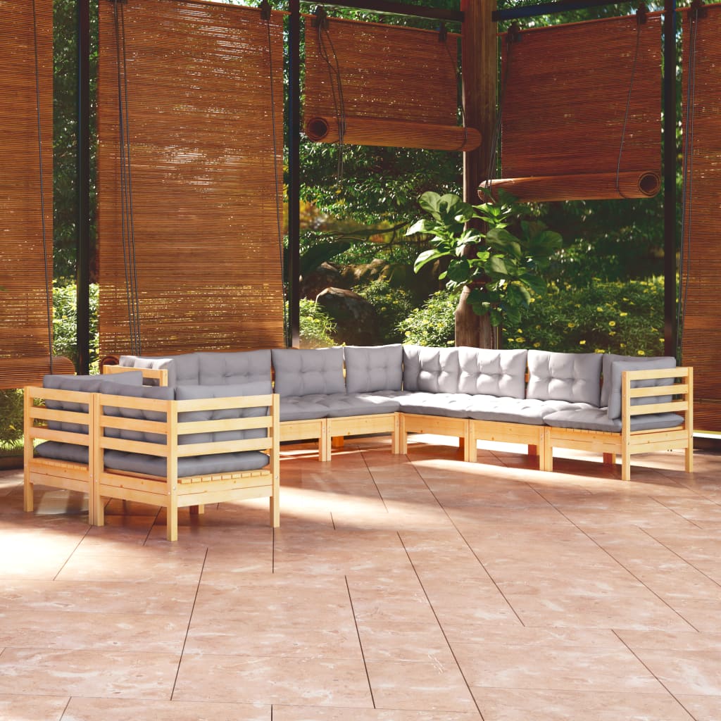 vidaXL 9-tlg. Garten-Lounge-Set mit Grauen Kissen Massivholz Kiefer