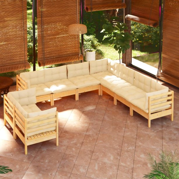 vidaXL 9-tlg. Garten-Lounge-Set mit Grauen Kissen Massivholz Kiefer
