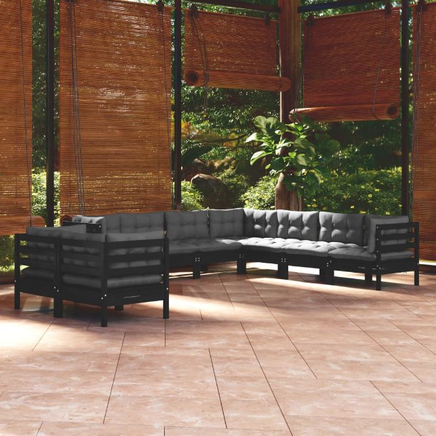 vidaXL 9-tlg. Garten-Lounge-Set mit Grauen Kissen Massivholz Kiefer