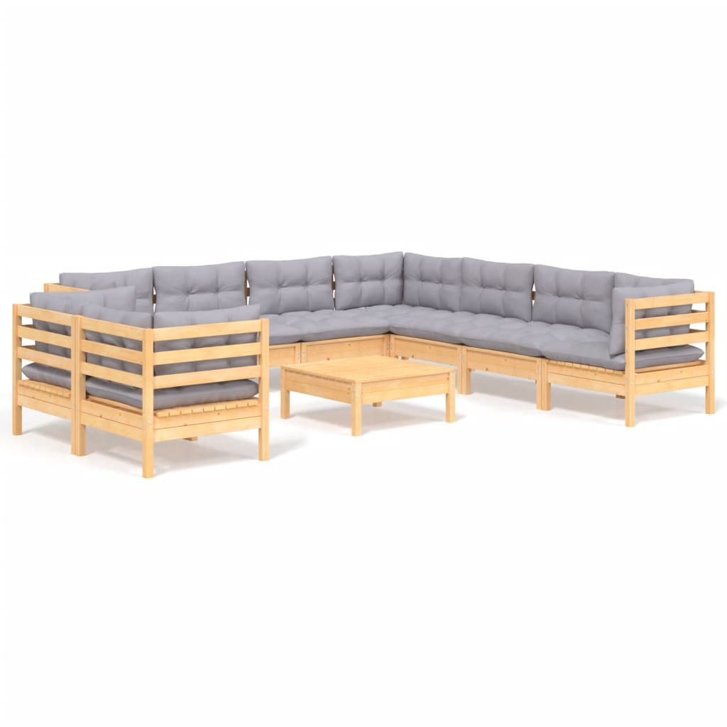 vidaXL 10-tlg. Garten-Lounge-Set mit Grauen Kissen Massivholz Kiefer