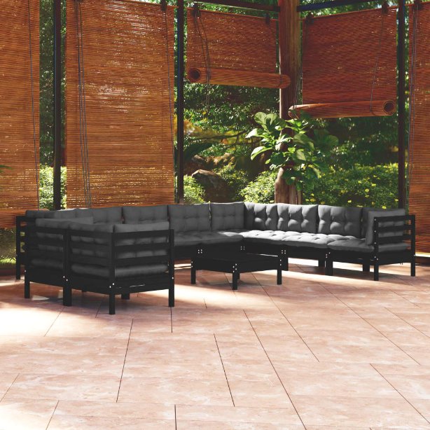 vidaXL 11-tlg. Garten-Lounge-Set mit Grauen Kissen Massivholz Kiefer