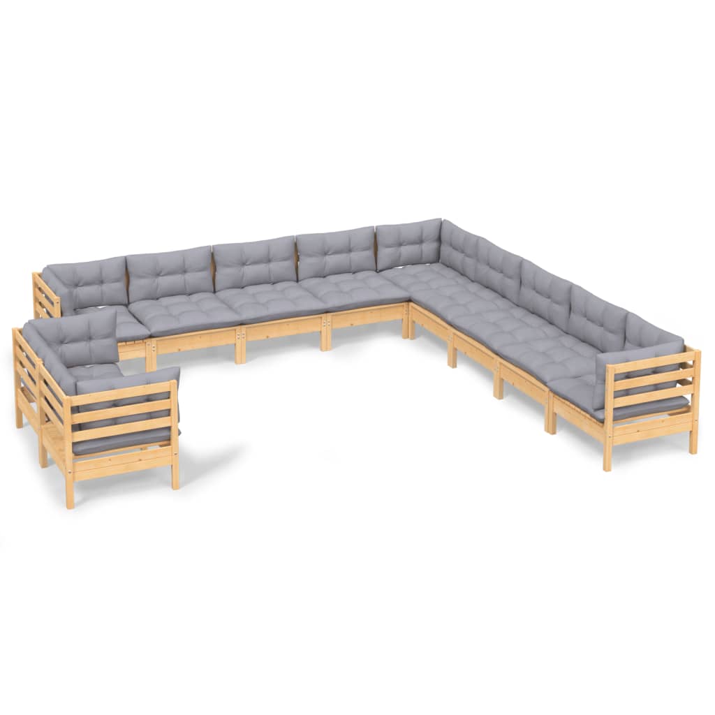 vidaXL 11-tlg. Garten-Lounge-Set mit Grauen Kissen Massivholz Kiefer