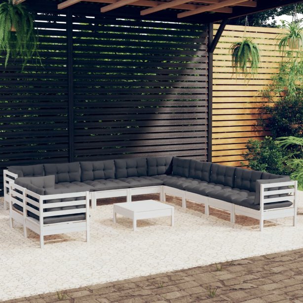 vidaXL 12-tlg. Garten-Lounge-Set mit Grauen Kissen Massivholz Kiefer