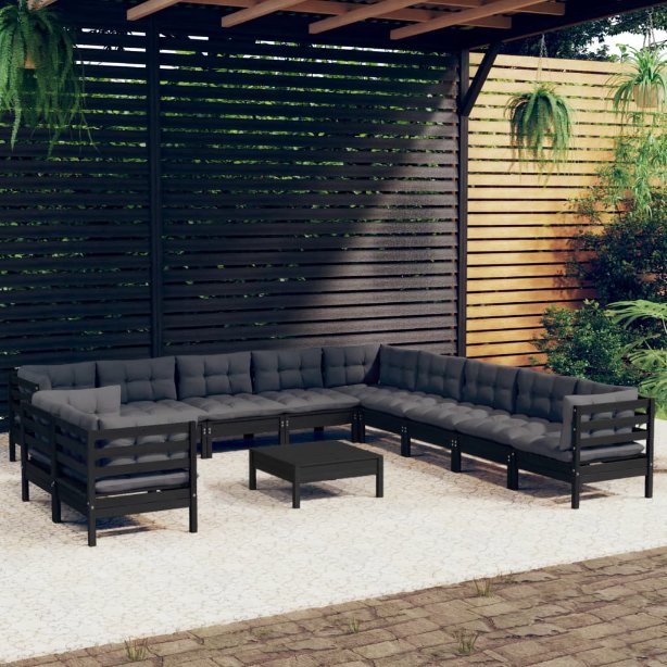 vidaXL 12-tlg. Garten-Lounge-Set mit Grauen Kissen Massivholz Kiefer