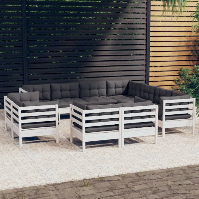 vidaXL 11-tlg. Garten-Lounge-Set mit Grauen Kissen Massivholz Kiefer