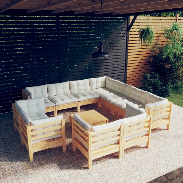 vidaXL 12-tlg. Garten-Lounge-Set mit Grauen Kissen Massivholz Kiefer