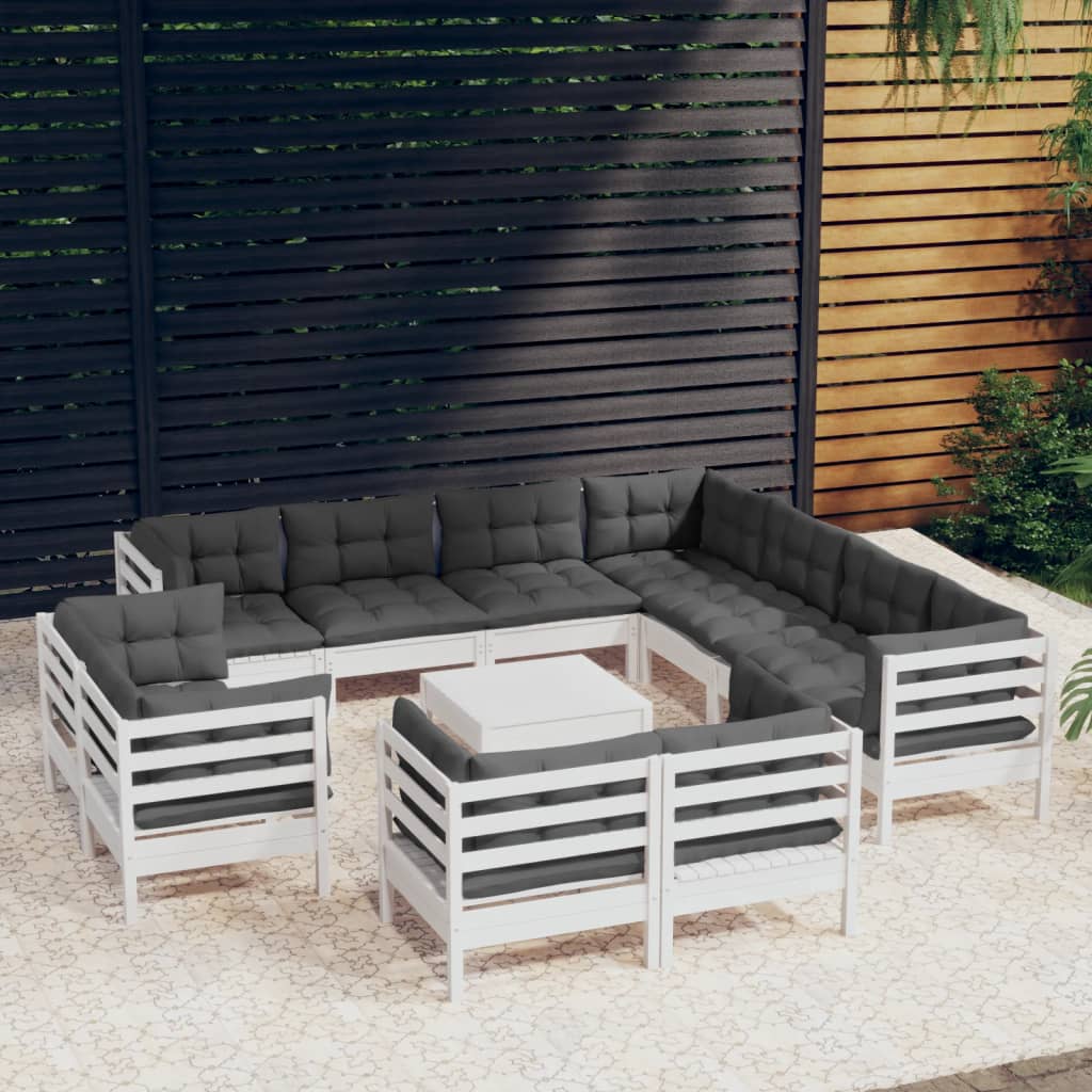 vidaXL 12-tlg. Garten-Lounge-Set mit Grauen Kissen Massivholz Kiefer