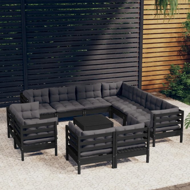 vidaXL 12-tlg. Garten-Lounge-Set mit Grauen Kissen Massivholz Kiefer