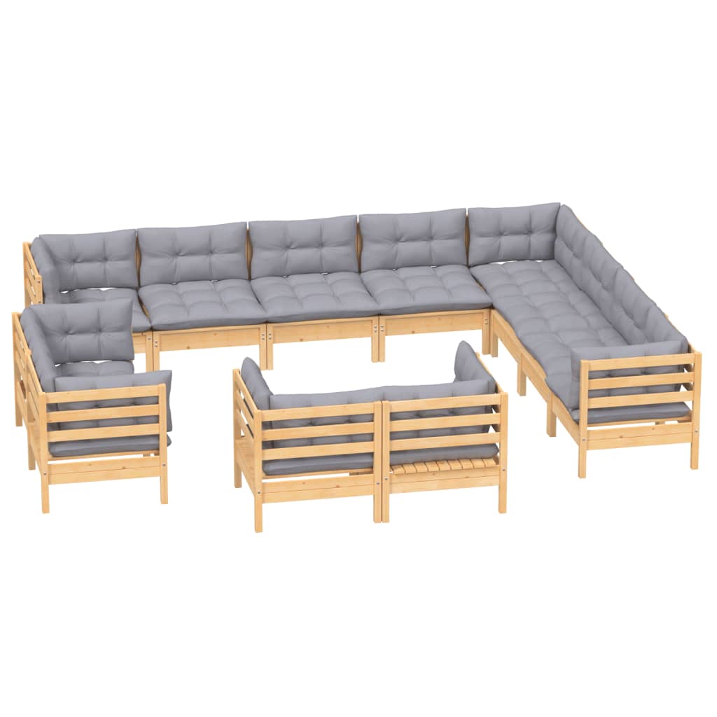 vidaXL 12-tlg. Garten-Lounge-Set mit Grauen Kissen Massivholz Kiefer