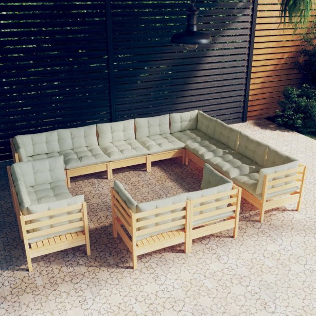 vidaXL 12-tlg. Garten-Lounge-Set mit Grauen Kissen Massivholz Kiefer
