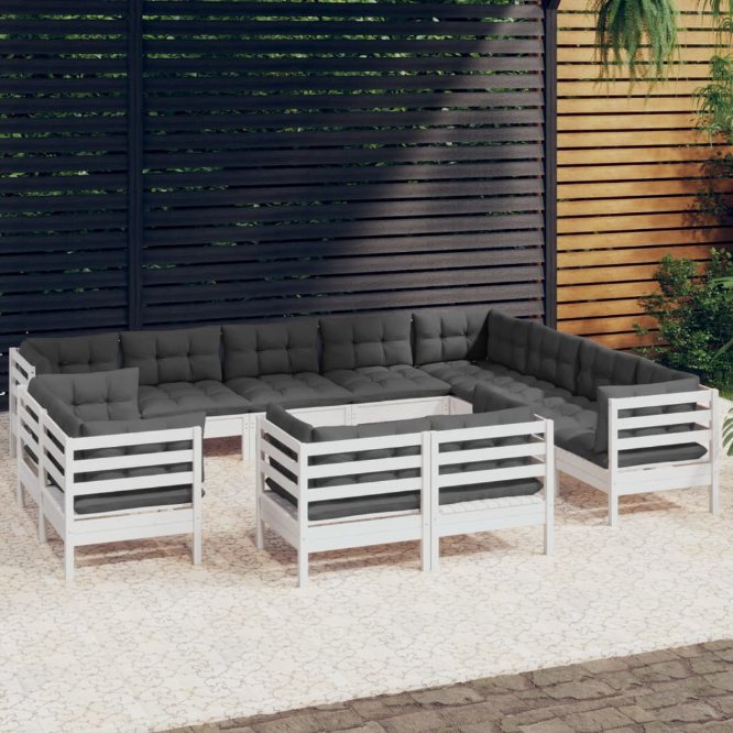 vidaXL 12-tlg. Garten-Lounge-Set mit Grauen Kissen Massivholz Kiefer